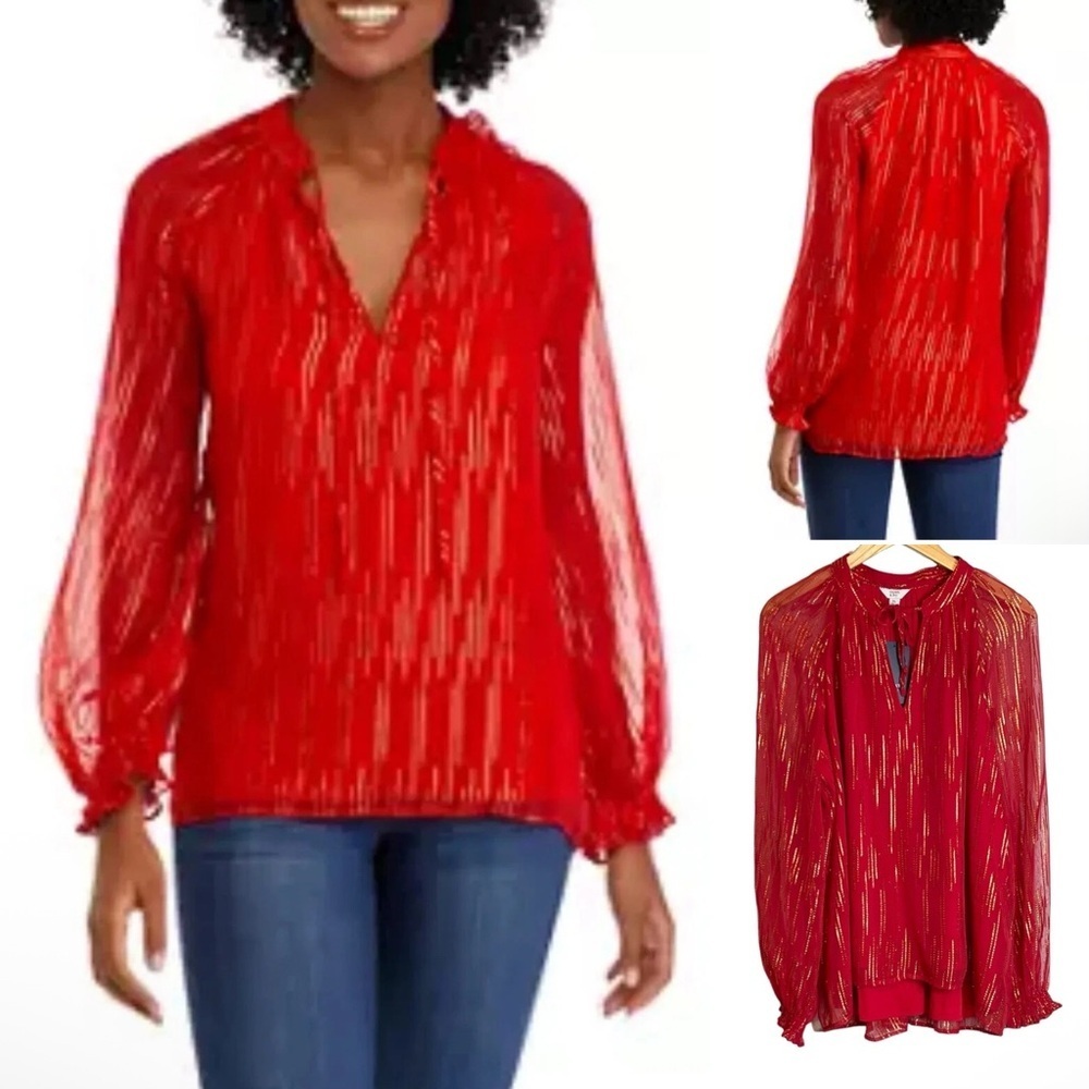 Crown & Ivy | Foil Peasant Top Long Sleeves Keyhole Tie Neck Holiday Lined